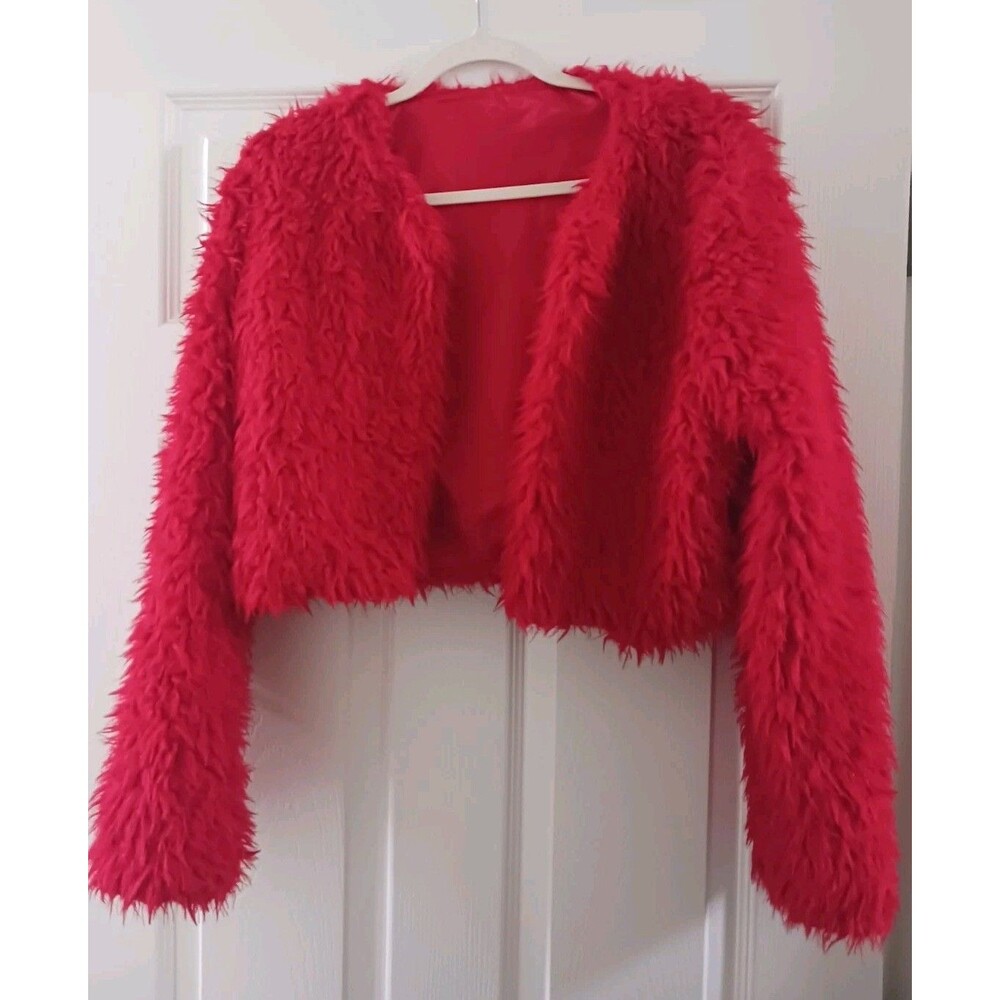 Womens Faux Fur Plush Christmas Party Red Cropped Jacket‎ Size S